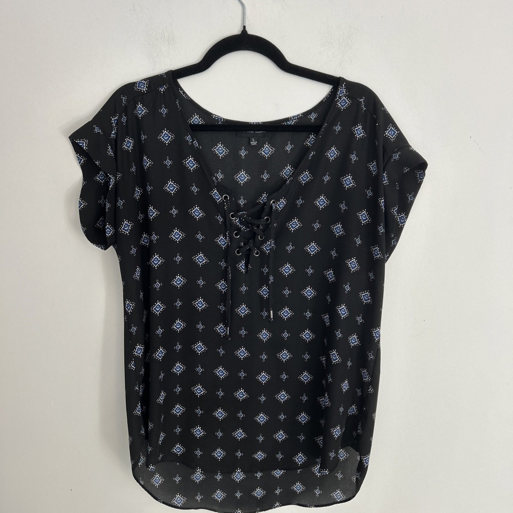 My Michelle Large Semi Sheer Black Short‎ Sleeve Lace Up V-Neck Boho Chic Blouse